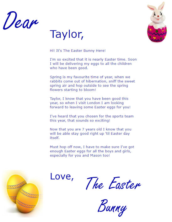 Sample of Free Printable Easter Bunny Letter from EasterBunnyLetters.co.uk.